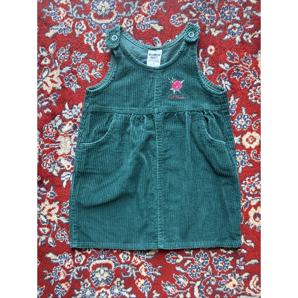 Vintage Oshkosh B’Gosh Green Corduroy Jumper Dress Size 4 Rose